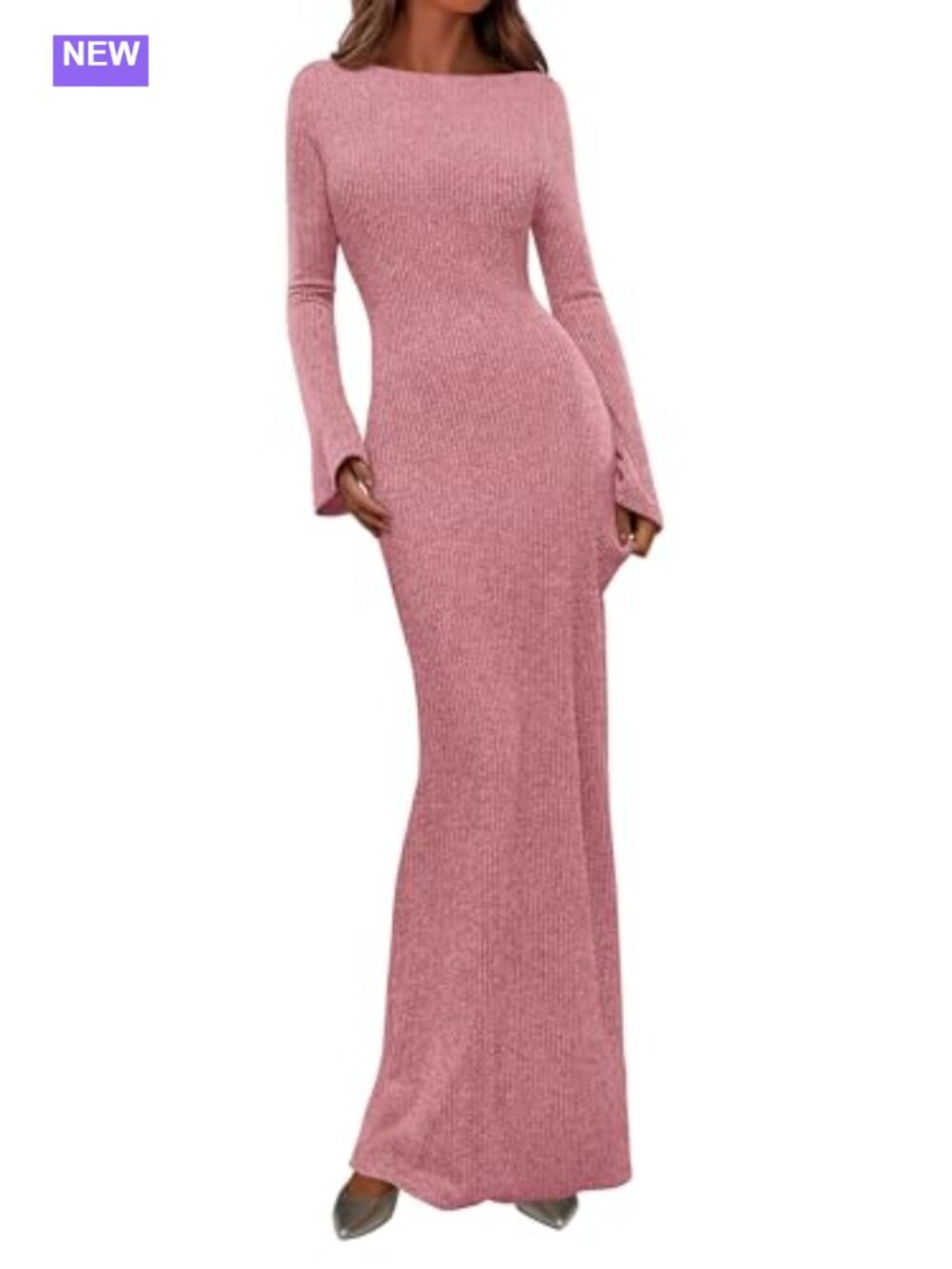 Women's Long Sleeve Ribbed Knit Bodycon Maxi Dress Bell Sleeve